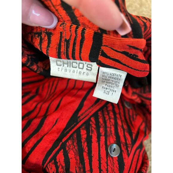 CHICO'S TRAVELERS RED/BLACK DRESS SZ 1 (LG) button up slinky spandex knee length - Picture 4 of 7